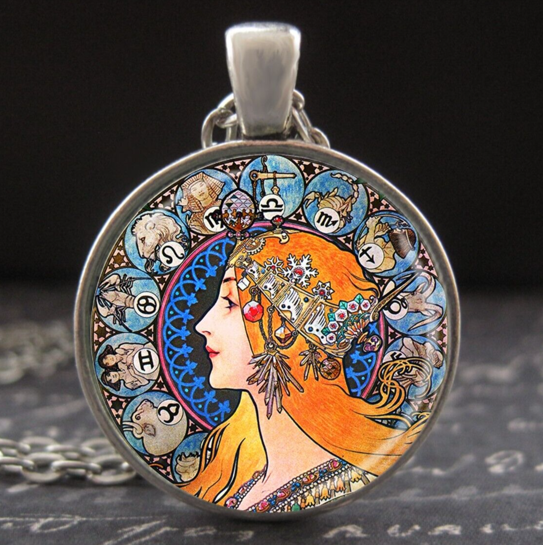 Art Nouveau Zodiac Necklace Vintage Alphonse Mucha Art Art Nouveau Zodiac Necklace Vintage Alphonse Mucha Art