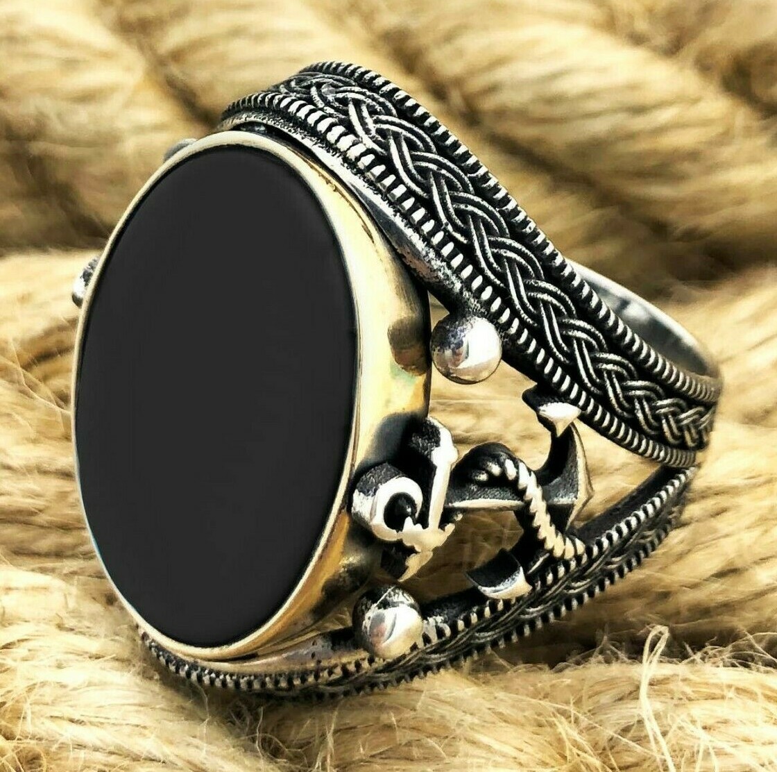 925 Sterling Silver Black Onyx Stone Knitting Design Anchor