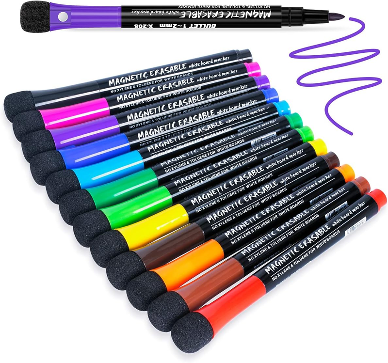 Magnetic Dry Erase Markers Fine Point Tip, 12 Colors White Board Marker with Era