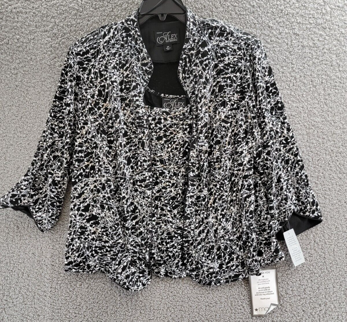 Alex Evenings Plus Metallic Printed Twinset Top Womens 2X Black/White 3/4 Sleeve - Picture 2 of 19