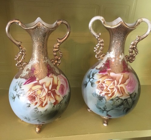 Pair Antique Nippon Hand Painted Rose Gold Vases 9