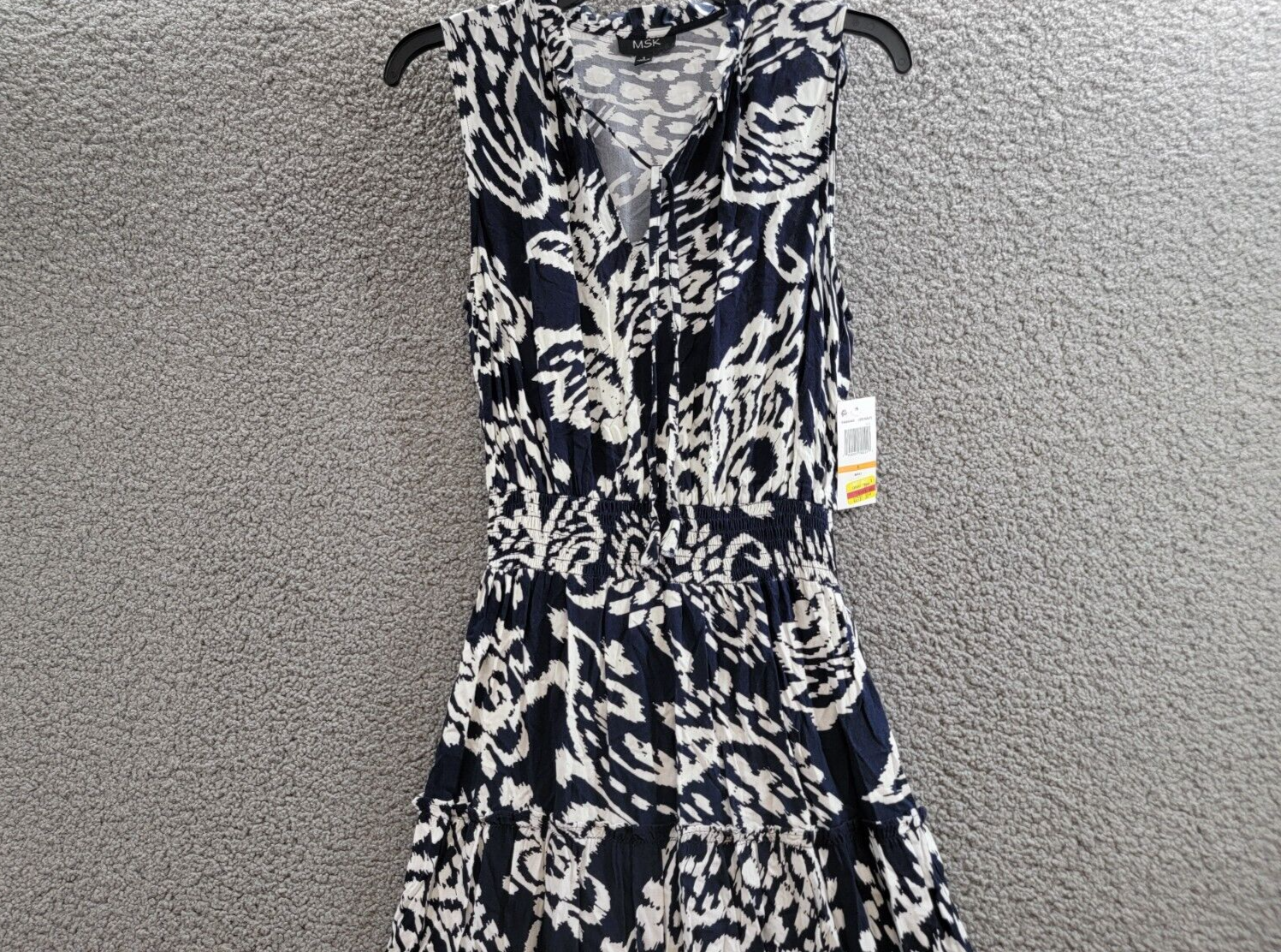 MSK Printed Smocked-Waist Tiered Maxi Dress Women's S Navy/White Split Neck - Picture 3 of 15