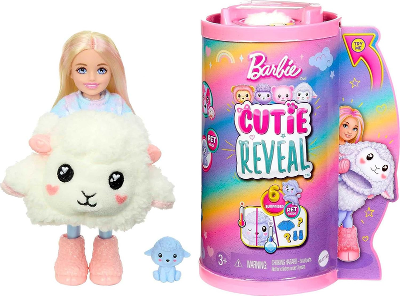 Chelsea Cutie Reveal Small Doll & Accessories, Blonde in Lamb Costume, 10 Supris