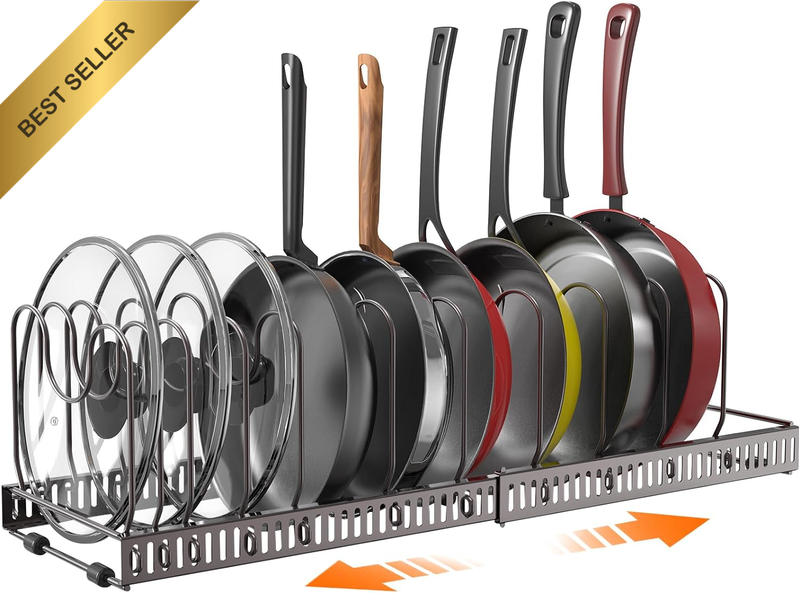 Pot Lid Organizer Pan Holder Rack with 10 Dividers, Expandable Cookware Bakeware