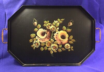 Vintage black tole metal tray with pink and white flowers and gold handles