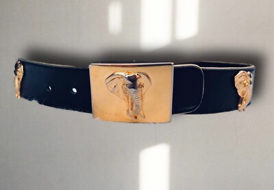 Escada Womens Elephant gold Waist Belt Size 40 Black Chunky Leather Pearlcore
