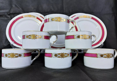 6+6 HEREND D'OR PINK ribbon medallion & Verge, Gold Trim Dessert plate & tea cup