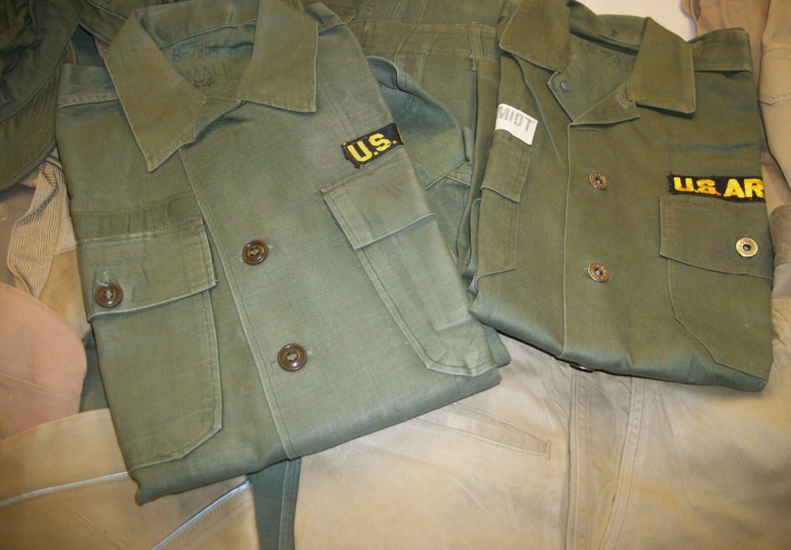 Lot of Vintage Military Uniforms - Pants Shirts Field Caps  - Khaki & Green