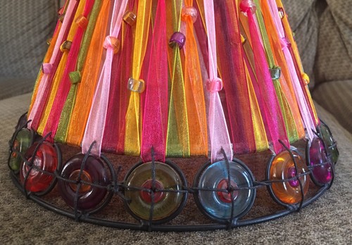 Beautiful Table Bell Lamp Shade Fabric and Beads Pink Orange Purple 8.5x10”