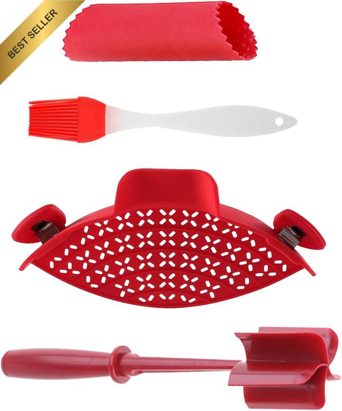 4 PCS Spaghetti Kitchen Tool Set (Red) - Silicone Garlic Peeler, Oil Brush, Past