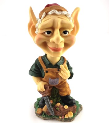 10in Garden  Gnome Bobble Head elf Statue Figurine sawing log 