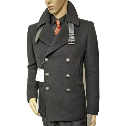 Pre-owned Balmain Paris Aw14 Mens Military Peacoat Wool Leather Belted Uk 40 Rrp£2750