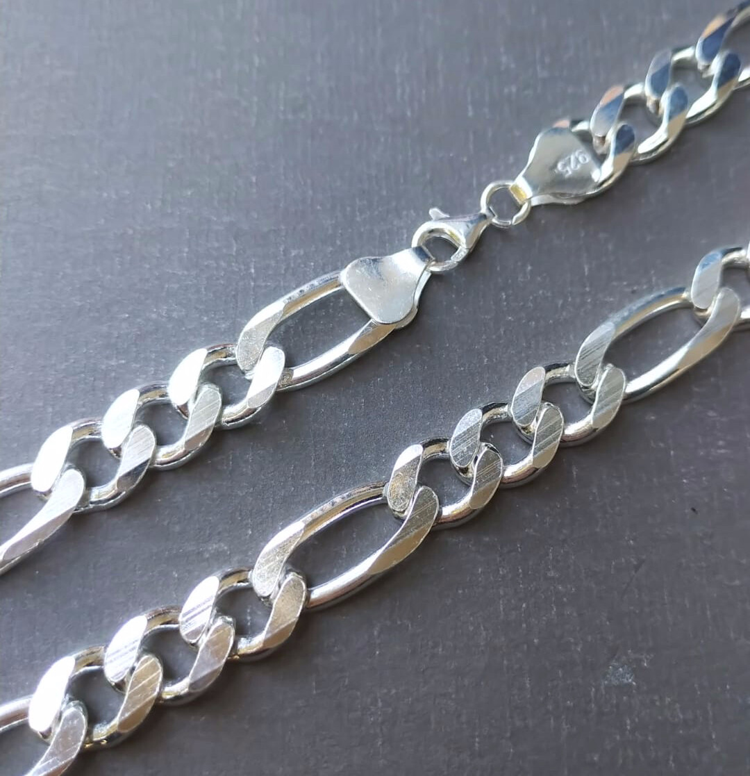 Pre-owned Handmade Mens 925 Sterling Silver Figaro Link Chain Necklace Solid Handcrafted 97gr 24"