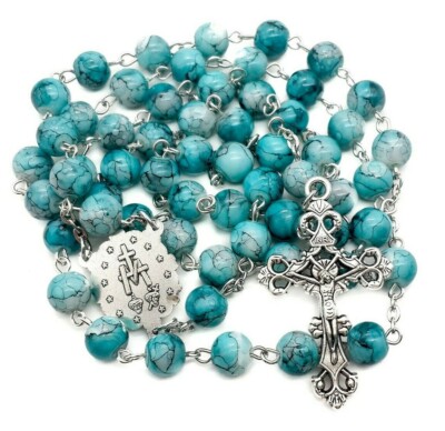 Turquoise Marble Glass Beads Rosary Necklace Catholic Miraculous Medal & Cross