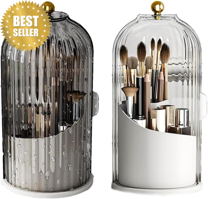Makeup Brush Holder with Sliding Lid,360° Rotating Dustproof Makeup Organizer, C
