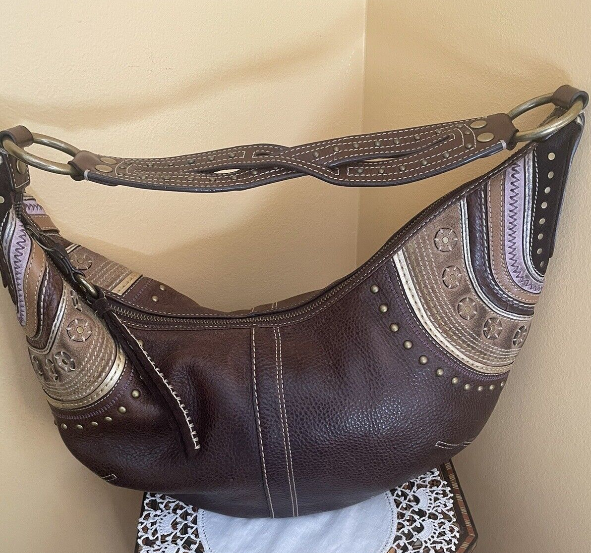 Coach Hobo Nubuck Brown Studded Distressed Leather Large Coach Hobo Nubuck Brown Studded Distressed Leather Large
