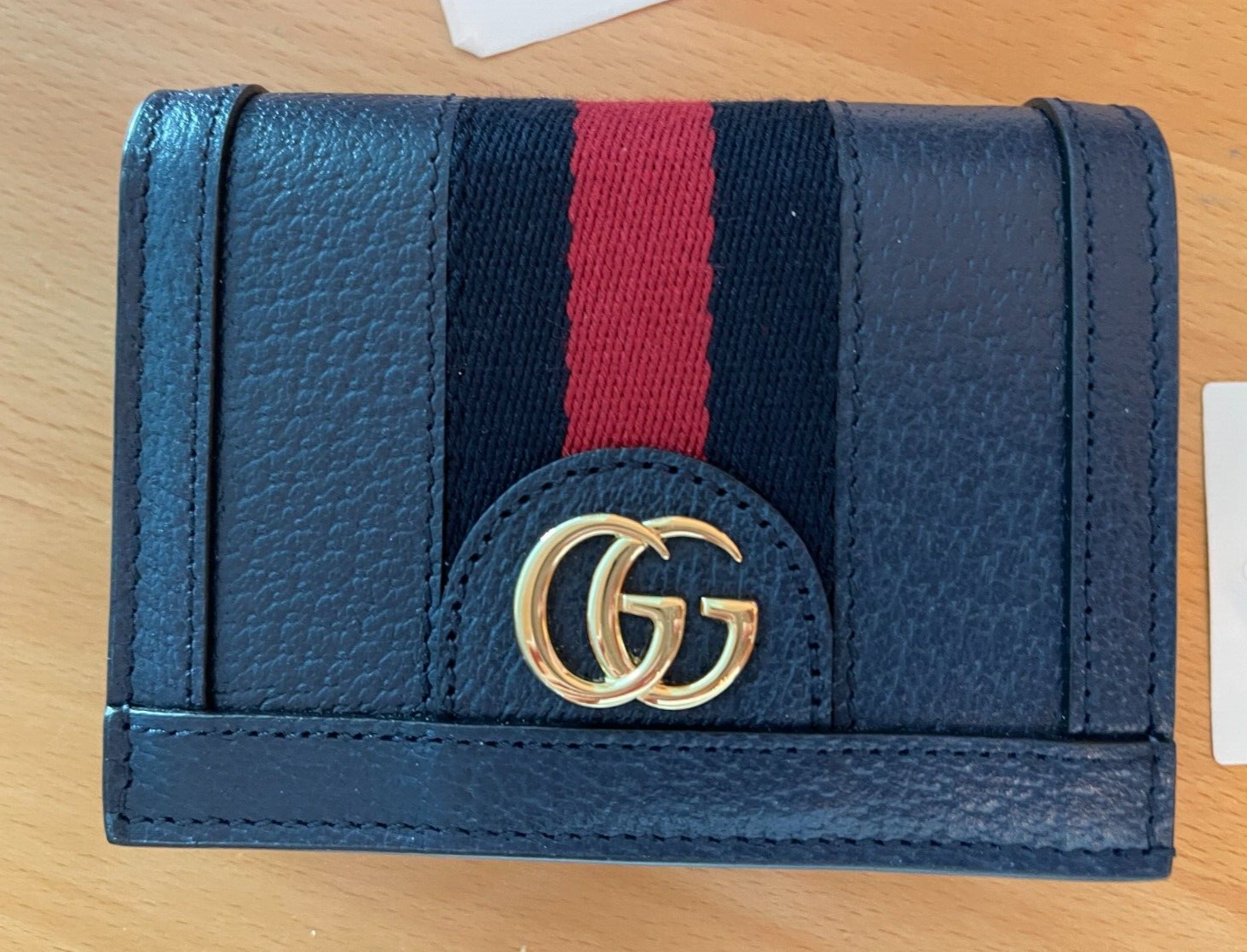 Gucci Ophidia Navy Blue Card Case GG Foldover Snap Wallet