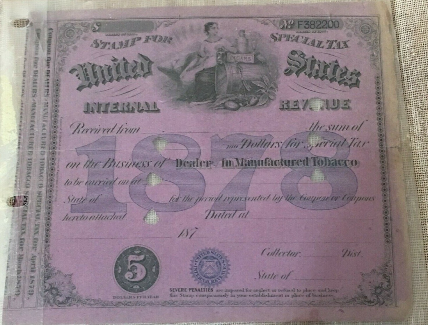 ANTIQUE 1878 US IRS TOBACCO Dealer 5 Special Tax Stamp eBay