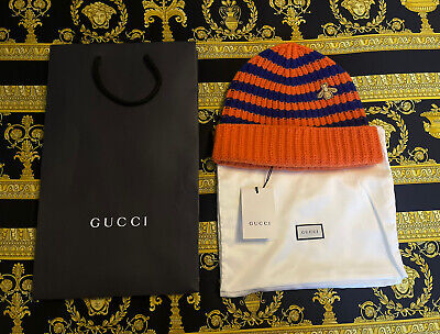 NEW WITH TAGS 100% AUTHENTIC Gucci Gold Bee Beanie Striped Orange Blue Wool Sz M