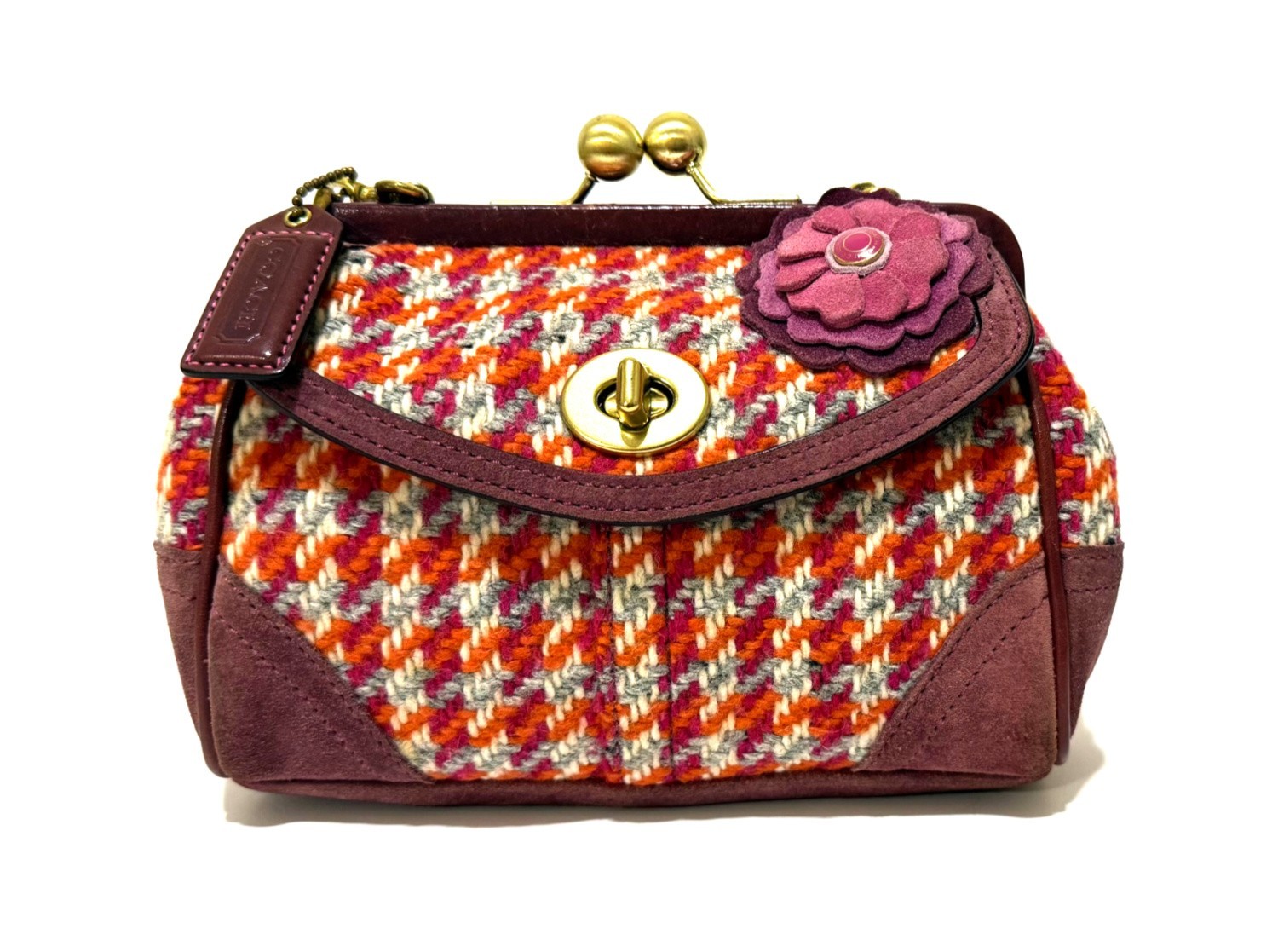 MINT COACH LTD VTG PINK WOOL HOUNDSTOOTH SUEDE KISSLOCK