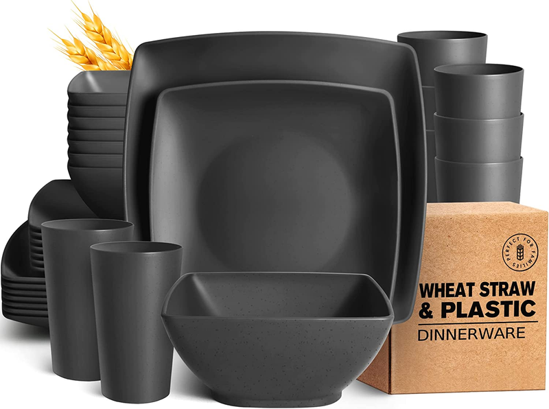 32-Piece Wheat Straw Square Dinnerware Set for 8, Unbreakable Dinner Black NEW