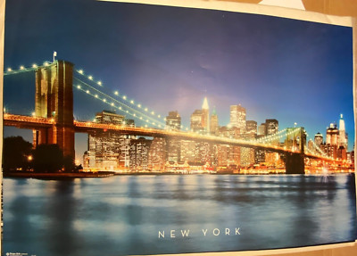 Vintage NEW YORK - BROOKLYN BRIDGE - SKYLINE AT NIGHT LARGE POSTER 90x60cm