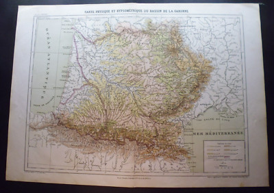 carte géographique 19°Atlas par: L.Grégoire: carte physique du bassin la Garonne