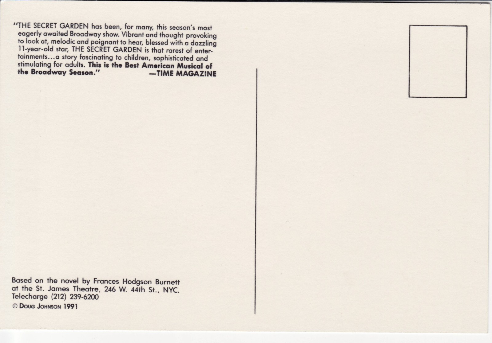 Original 1991 'The Secret Garden' Broadway Show Musical post card postcard