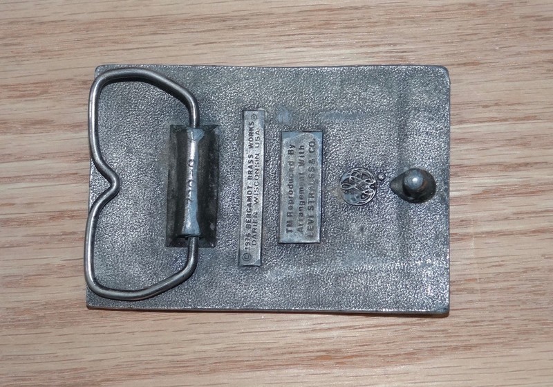 Vtg 1976 Levis Levi Strauss Bergamot Brass Works two horse XX pewter belt buckle