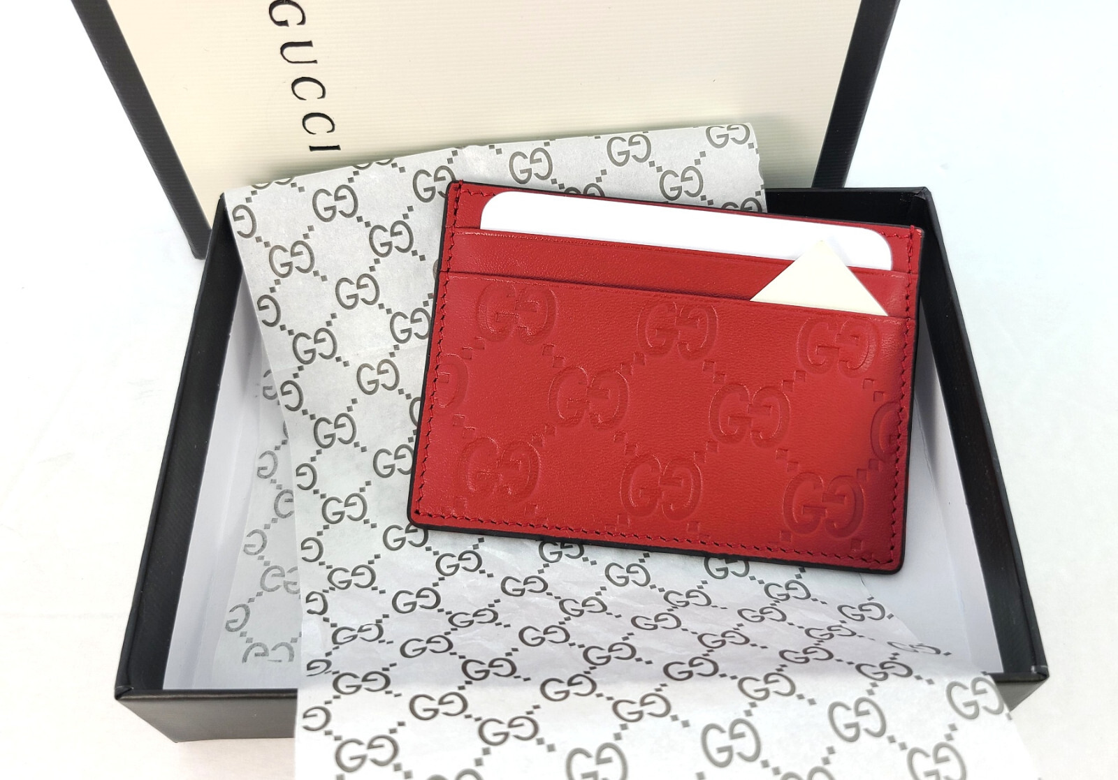 Pre-owned Gucci Authentic  Ssima Red Leather Card Case Card Holder