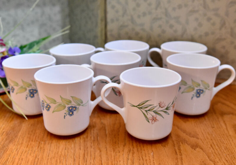 Set of 8 Corelle  "MY GARDEN" Cups  *Pink Blue Floral*  Tea Coffee Mug Corning 