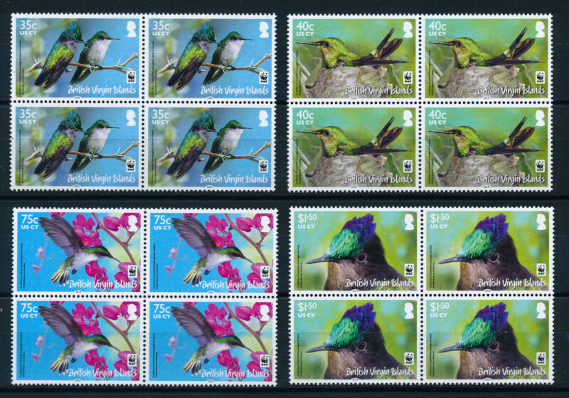 BR VIRGIN ISLANDS 2014 ANTILLEAN CRESTED HUMMINGBIRD SG1278/1281 BLOCKS OF 4 MNH
