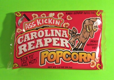 ASS KICKIN' CAROLINA REAPER MICROWAVE POPCORN, 3.5 OZ BAG, VERY HOT!