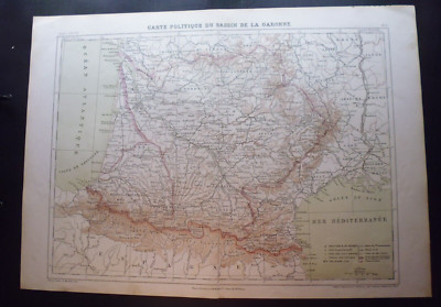 carte géographique 19°Atlas par:L.Grégoire:carte politique du bassin la Garonne