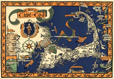 Cape Cod 1921 Vintage Pictorial Fish Border Map Poster Giclee Canvas Print 40x28