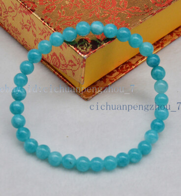 Natural 6/8/10/12mm Blue Aquamarine Round Gemstone Beads Elastic Bracelet 7.5''