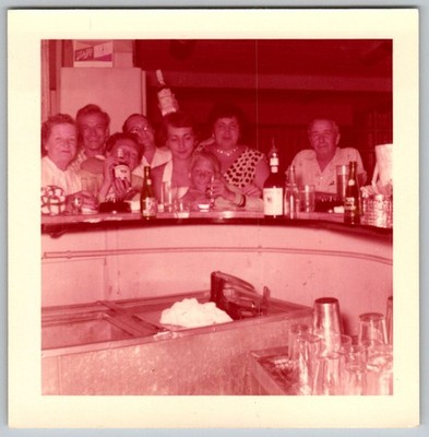 Vtg Color Snapshot Group Family Friends Drinking At Bar Counter Party Fun 1960s
