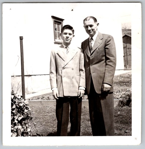 Vtg B&W Snapshot Man And Teenage Boy In Sharp Suits Outdoors Portrait 1952