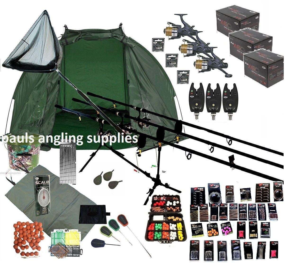 3 Rod Carp Set Up Kit Fishing Rods Reels Tackle Pack Alarms Mat Shelter ... - $ 57