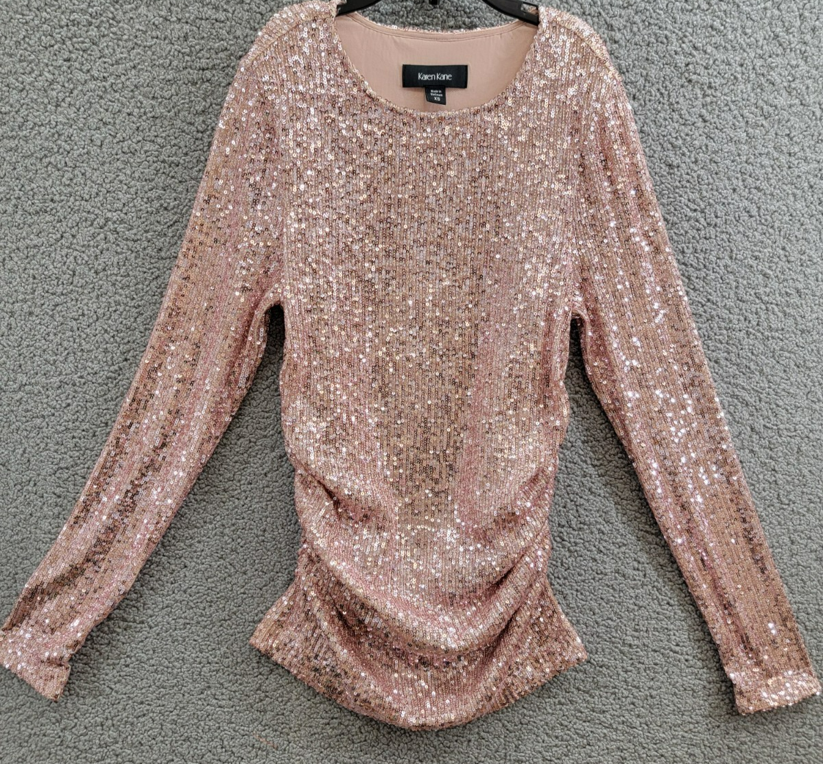 Karen Kane Side Shirred Sequin Top Women XS Pink Round Neck Long Sleeve Pullover - Picture 2 of 16