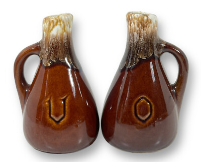 Vintage McCoy Pottery Oil and Vinegar Jars Brown Drip V & O Cruet 5'' USA