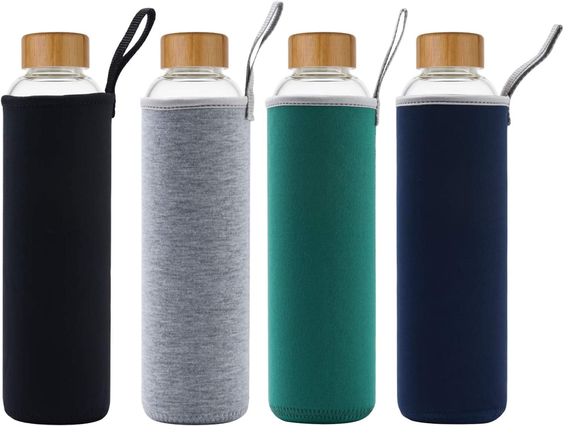 32 Oz Glass Water Bottle with Time Marker Bamboo Lid Neoprene Sleeve for to Go T