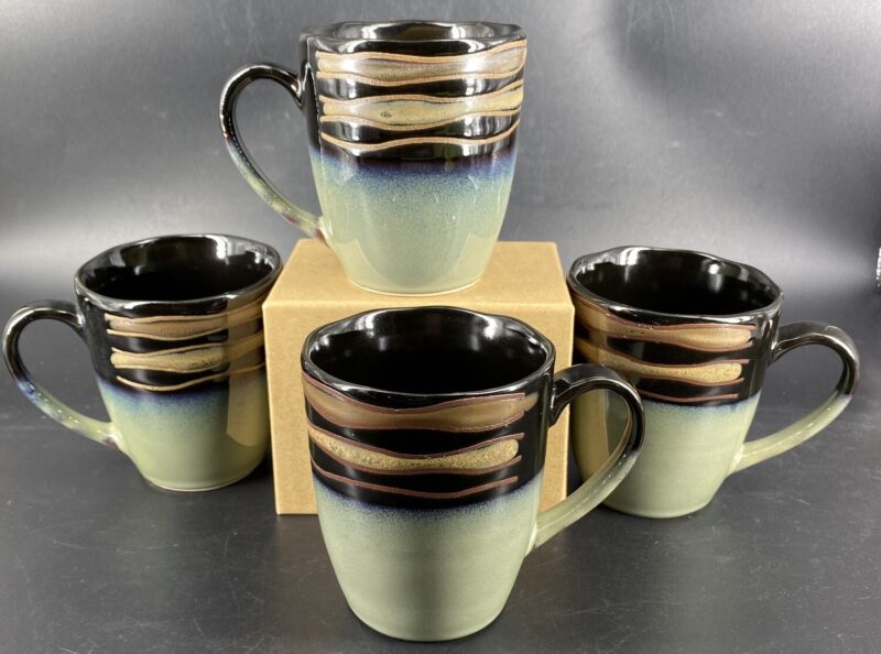 Noble Excellence WAVES Coffee Mug Cup Stoneware Ribbed Green Black Tan Set/4 EUC