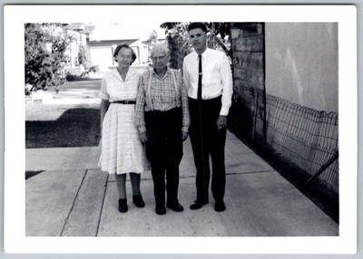 Vtg Snapshot Elderly Couple With Man On Driveway 1950s