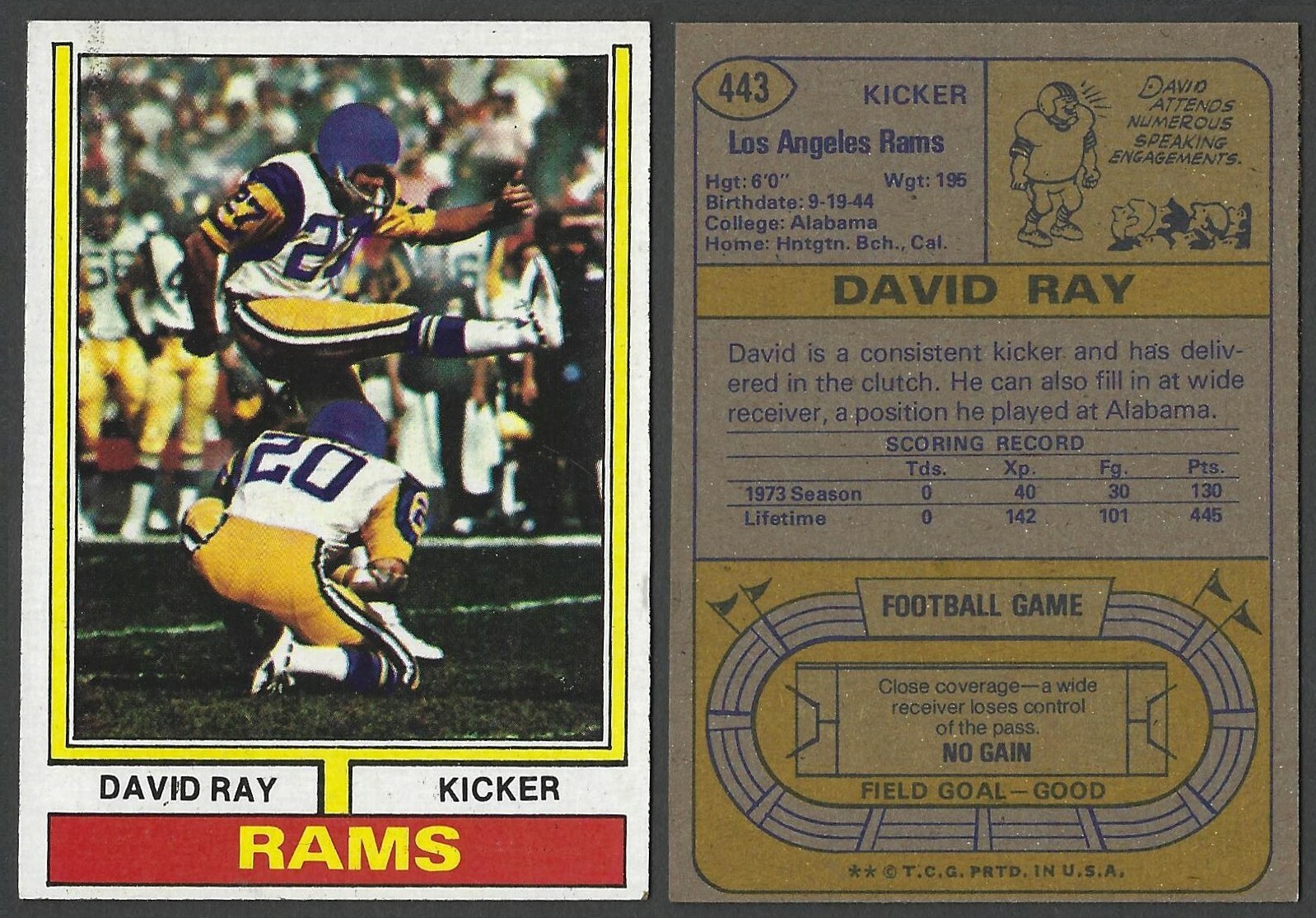 DAVID RAY–1974 TOPPS # 443–LOS ANGELES RAMS KICKER-NICE