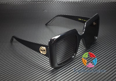 Pre-owned Gucci Gg0896s 001 Black Shiny Grey Rectangular Squared 52 Mm Women's Sunglasses In Gray