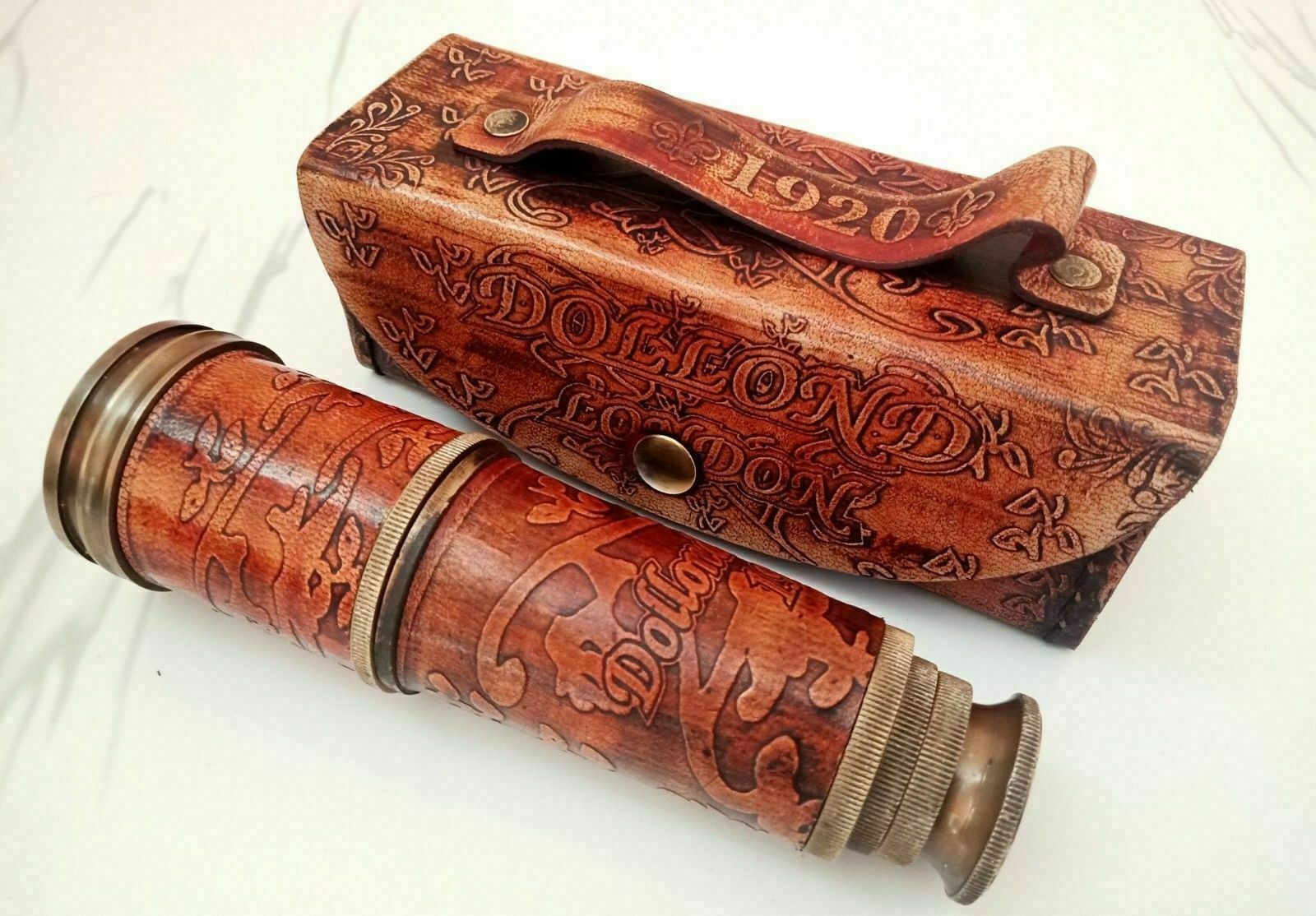 ANTIQUE BRASS TELESCOPE MARINE NAUTICAL VINTAGE LEATHER PIRATE SPYGLASS SCOPE