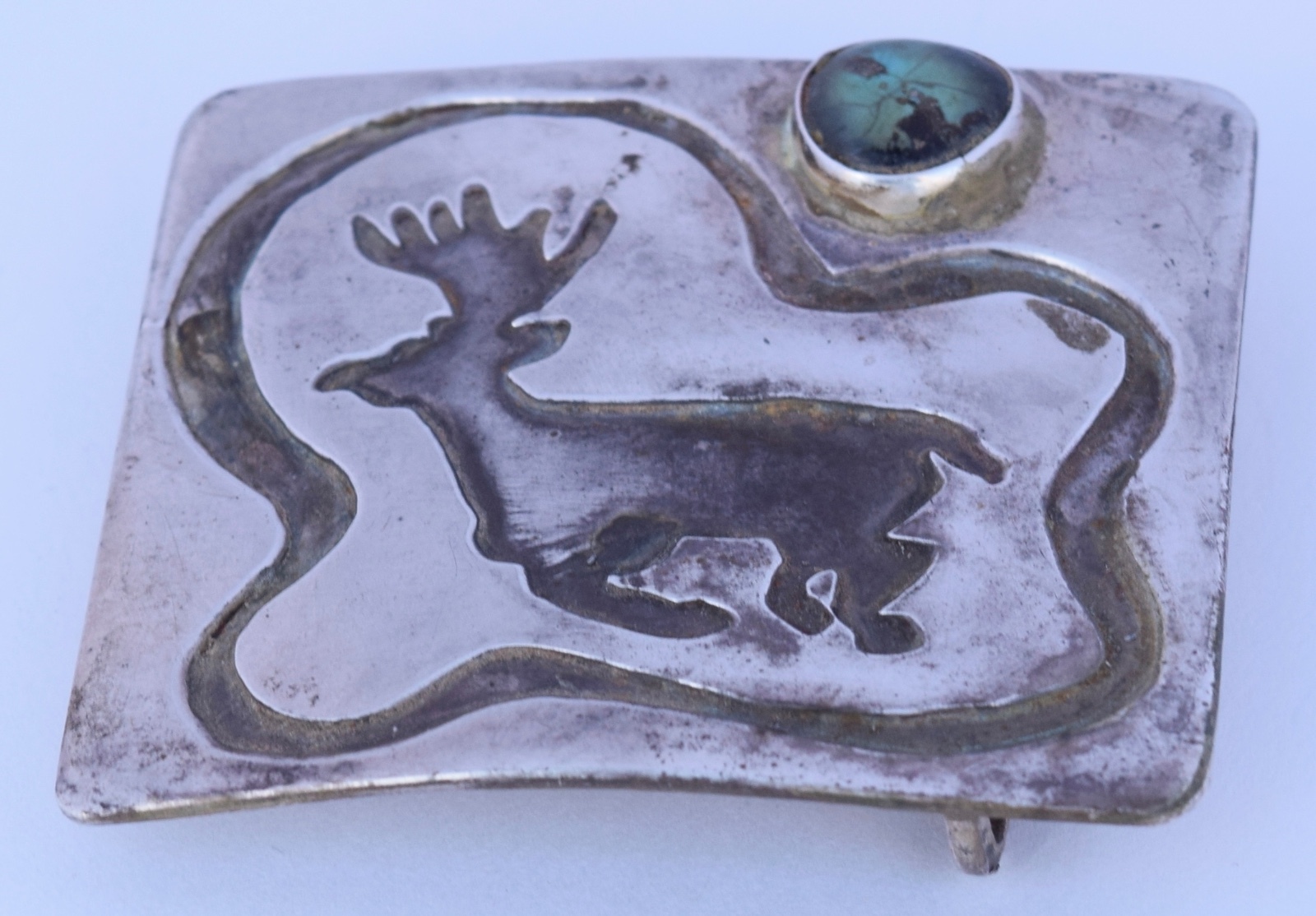 Vintage southwest Sterling Silver & Turquoise Elk Deer large Heavy belt buckle