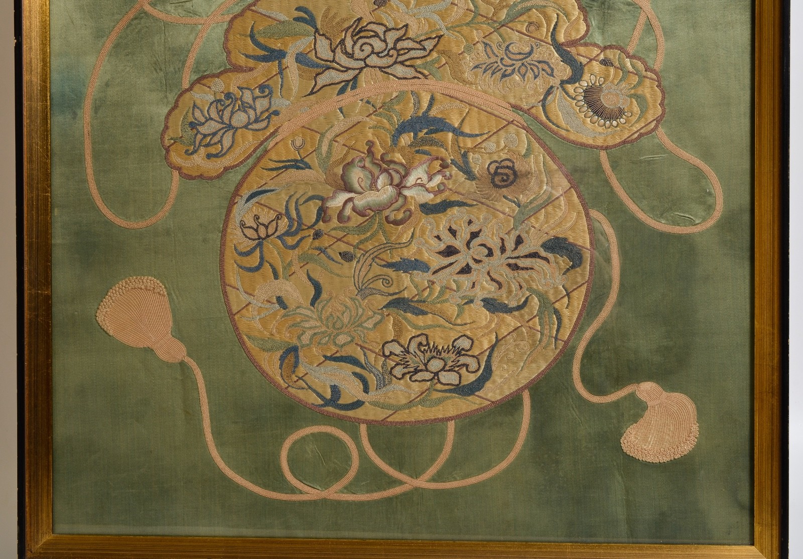 Antique Asian Embroidery, textile, silk, green, Chinese Japanese Korean