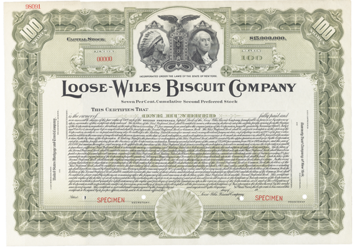 Loose-Wiles Biscuit Company. Stock Certificate.